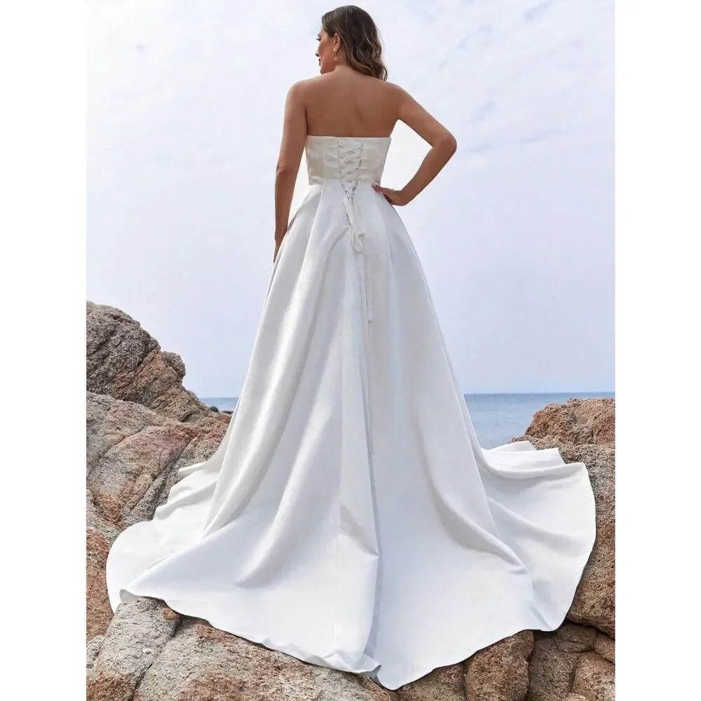 Modern Wedding Dress Satin Simple Plain Wedding Gown Corset Silk Side Slit Prom - Picture 3 of 8